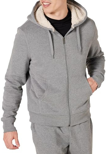 Amazon Essentials Felpa con Cappuccio e Cerniera Integrale in Pile Foderata in Sherpa Uomo, Grigio Chiaro Puntinato, L