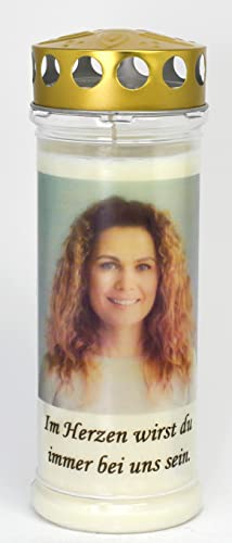 Persönliches Grablicht mit Foto und Spruch- (21x7,5 cm) - Personalisiertes Grablicht, 7 Tage Brenndauer (3971) - Wetterfestes Trauerlicht mit Deckel, Edle Gedenkkerze aus Deutschland