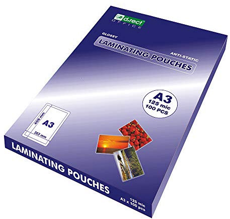 D.RECT Laminierfolien A3 125mic - Dicke 2x125 (250) Heißlaminierfolien Glänzend - Laminierfolie Verpackung 100 Stück, Folierfolien Transparent