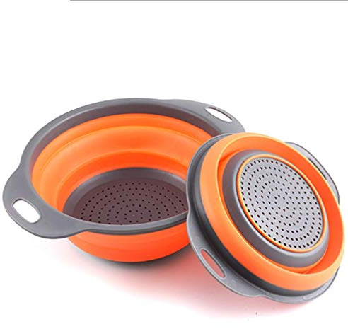 Silicone Collapsible Colander,Kitchen Strainer Set with Handles for Draining Fruit Vegetable Pasta,(S+L) (Orange)
