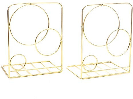2pcs Round Metal Bookends Book Dividers for Shelves,Heavy Duty Book Ends Bookrack for Office, Gold