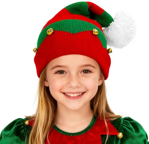 Christmas Elf Knitted Hat for Kids Xmas Beanie Knit Hats Children 1 to 6 Years Baby Winter Warm Christmas Halloween Striped Hair Ball Kid Sata Claus Xmas Holiday Hats New Year Party Supplies