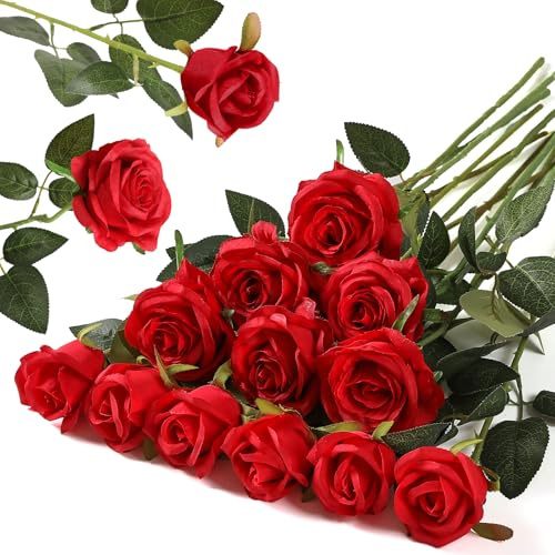 Hawesome 12PCS Artificial Silk Flowers Realistic Roses Bouquet Long Stem for Home Wedding Decoration Party (Red, 6 Flowers 6 Buds)