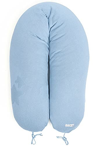 Minky Mooh Stillkissen XXL Bio Baumwolle mit Kapok Füllung | großes Kissen zum Stillen und Flasche geben | Schwangerschaftskissen Seitenschläferkissen | antiallergisch und leise | 190x30 cm, Blau