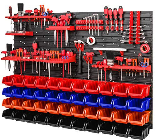 Lagersystem Werkstattregal - 1152 mm x 780 mm - Wandregal mit 44 Stück Stapelboxen und Werkzeughalter - Schüttenregal Wandplatten Extra Starke System (Orange/Rot/Schwarz/Blau)