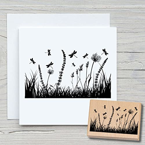 NEWSTAMPS Stempel Libellenwiese Motivstempel groß aus Holz & Gummi zum Karten basteln, Holzstempel, Blumen, Pflanzen, Floral, Wiese, Gräser, Scrapbook, Textilstempel, Deko, Kinder