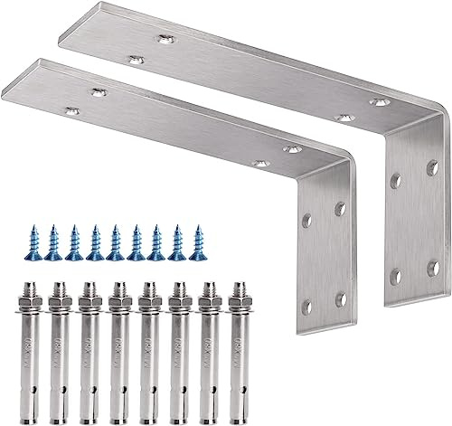YUMORE Countertop Support Brackets 250x150x50 mm Heavy Duty L Brace SUS | 5mm Thick L Shelf Bracket Stainless Steel Wall Mounted Support for DIY Open Shelving, 2 Pack, with Metal Wall Plug & Screws