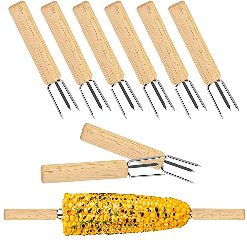 ANTHYTA 8 PCS Tenedores para Barbacoa para Maíz Brochetas de Acero Inoxidable para Maíz Pinchos de Maíz para Barbacoa con Mango de Madera Soporte para Mazorcas de Maíz para Fruta Embutido Parilla