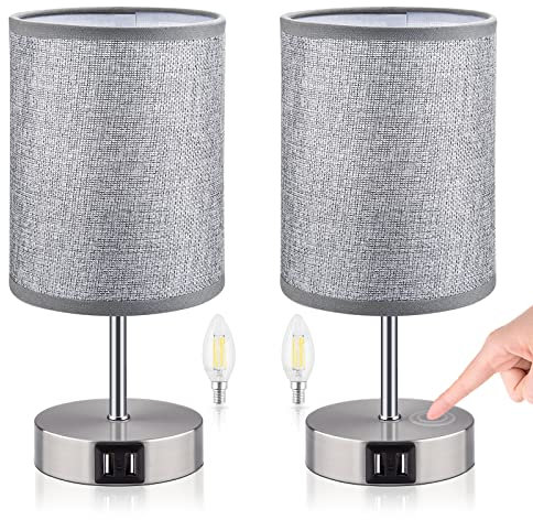Zeeyh Nachttischlampe 2er set, Touch Dimmbar, Tischlampe mit 2 USB-Anschlüssen, Modern,3 Helligkeitsstufen, LED Nachttischlampen E14 für Kinderzimmer, Schlafzimmer, Wohnzimmer, Babyzimmer