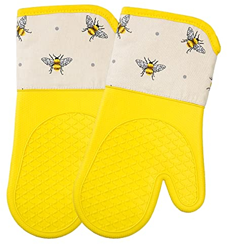 SiXsigma Sports Oven Gloves Heat Resistant Silicone Shell Waterproof - Quick Dry Oven Mitts for BBQ, Cooking, Baking And Grilling Set of 2 (Bumble Bees, 33X17 CM)