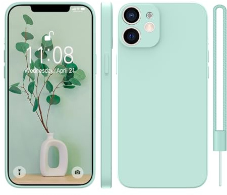 KPPIT Silicone Case Compatible with iPhone 12,Light Cyan | With phone lanyard,Microfiber Lining,ltra Slim Soft Gel Anti-Scratch