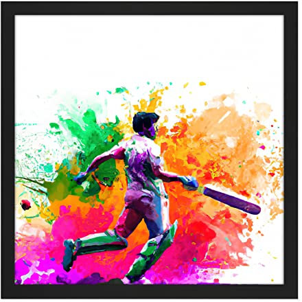 Artery8 Indian Cricket Batsman Sports Colour Burst Splatter Orange Pink Painting Square Wooden Framed Wall Art Print Picture 16X16 Inch