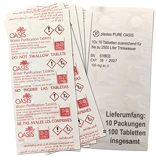 plasteo® PURE OASIS Wasserreinigungstabletten 100 Stück für bis zu 2500 Liter Wasserentkeimung | 100% keimfreies Trinkwasser in 30 Minuten | 1x Handschuh aus PE | empfohlen von WHO und CDC