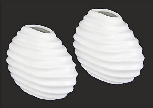 Kleine Vase Weiß Matt Blumenvase Modern Keramik Dekovase 2er Vasen Set für Tischdeko Tischvase mit Rillen für Dekoration Küche Büro Blumenvasen Dekorative Deko für Pampasgras Trockenblumen Ornamente
