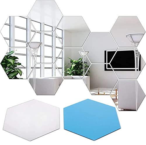 HUOGEE 3D Spiegel Wandaufkleber 12 Stück Hexagon-Spiegel Silber Wandbild Spiegelfliesen Wandspiegel Selbstklebend Acryl Spiegel Wandtattoo für Wohnzimmer Schlafzimmer Hintergrund Wand-Dekoration (XL)
