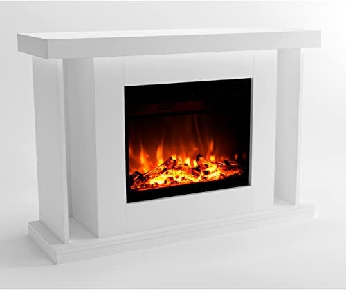 GLOW FIRE Elektrokamin mit Heizung und Kaminfeuer (Standkamin TARVOS) - elektrischer Kamin mit LED-Feuer in 3 Farben, Heizlüfter, Holz-Deko & Fernbedienung, 120x84x38 cm, Weiß
