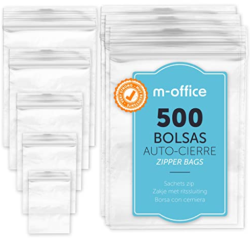 Bolsas con Cierre Hermético, Bolsas Zip de Plástico Transparentes Ideales para Congelar Alimentos, Guarda Documentos, Bolsas Reutilizables y de Conservación · m-office (160x220mm, 500unds)