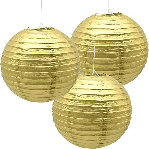Hocansen 3 Pezzi Lanterna di carta 12in Lanterne Cinesi Lanterna di carta Rotonde Lanterne da Appendere Decorazione (12in/Gold)