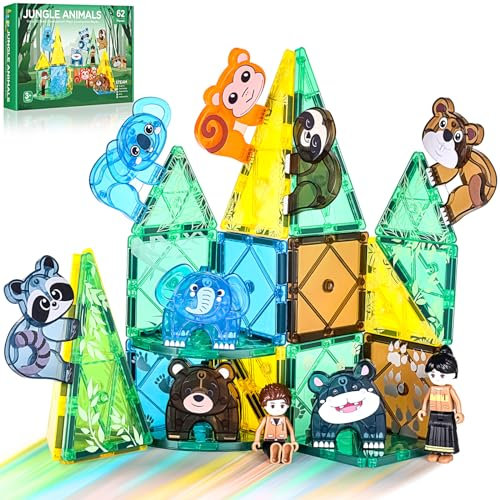 Travel Magnetic Tiles-Jungle Animals & Zoo & Figures Theme Sensory Toys for Autism-STEM Montessori Magnet Toys Construction Building Blocks for Boys,Girls,Kids,Birthday Gift,3 4 5 6 7 8 9+Year Old