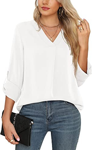 Yommay Blusa de mujer de verano, camisa elegante con cuello de pico, estilo túnica, manga corta fluida, de gasa, Blanco, L