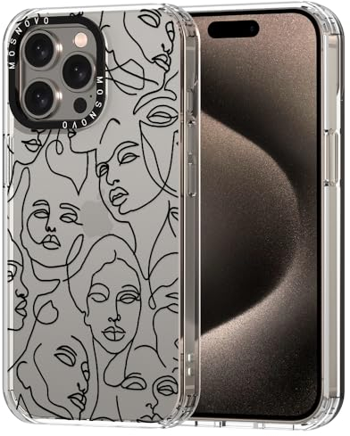 MOSNOVO Case for iPhone 15 Pro Max, [Buffertech 6.6ft Military-Grade Drop Protection] [Anti Peel Off Tech] Clear TPU Bumper Phone Case Cover Design - Abstract Face Line Art