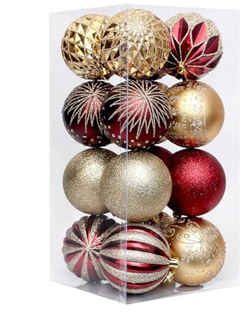 16 Stück Christbaumkugeln Weihnachtskugeln Kunststoff Weihnachtsdeko Set Weihnachtsbaumschmuck Weihnachtskugeln (Rot-Gold)