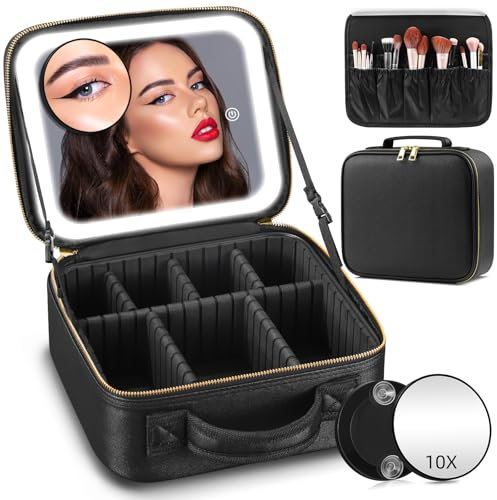 Makeup Bag with Mirror and Lights 3 Color, Travel Make up Bag Portable Lighted Makeup Case Organizer, Cosmetic Storage Case with 2-Layers Adjustable Dividers & 10X Magnifying Mirror(Black)