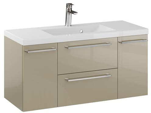 Furni Rosen 100 cm Hängend Waschbecken mit Unterschrank und Stilvollen und Chromgriffen Waschbeckenunterschrank Badezimmer Waschtisch mit Unterschrank Waschtischunterschrank