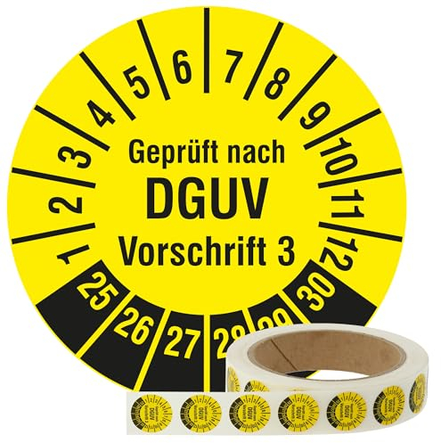 Mehrjahresprüfplaketten 2025-2030 - Geprüft nach DGUV Vorschrift 3 - Ø 20 mm, 1.000 widerstandsfähige Prüfplaketten auf Rolle, Polyethylen, gelb, selbstklebend