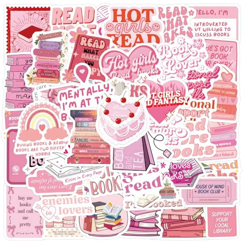 60Pcs Pink Bookish Stickers, Book Stickers for Kindle, Booktok Reading Stickers, Vinyl Waterproof Decals for Laptop Scrapbook Journal, Girls