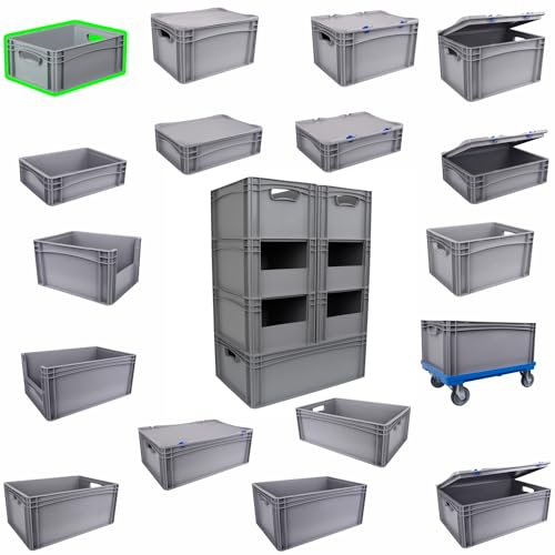 Hesselink Eurobox 40x30x17 cm, Handgriffe offen, stapelbar, 15,9 Liter, grau, lebensmittelecht, Eurobehälter kombinierbar mit Deckel