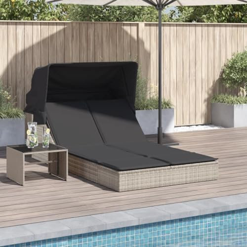 Somanki Doppel-Sonnenliege mit Dach und Auflagen Hellgrau Poly Rattan, Gartenliege, Liegestuhl, Sonnenstuhl, Sonneninsel Outdoor, Liegen, Gartenmöbel, Bäderliege, Relaxliege - 368642