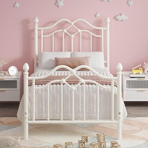 E-Motie Bett 90x200, Metallbett mit Kopf- und Fußteil, Lattenrost, Weiß | Einzelbett 90x200 mit 26,5 cm hohem Unterbett-Stauraum, für Schlafzimmer und Gästezimmer, Metall Lattenrost, Geräuscharm