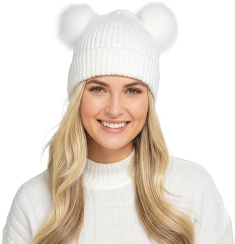 A2Z Ladies Hat Ribbed Gold Lurex Knitted Twin Faux Fur Pom Pom Beanie Stretchy Durable Stylish Winter Warm Cozy Caps Comfortable Women Winter Hats