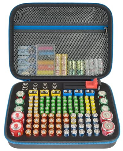 Battery Organizer Storage Holder Case Box with Tester Checker BT-168. Holds 136+ Batteries AA AAA C D Cell 9V 3V Lithium (Grey, Medium)