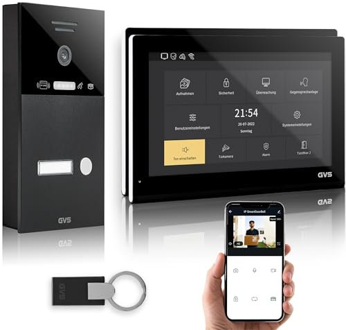 GVS - IP Video Türsprechanlage mit Türöffner, RFID Zugang, HD Kamera, 2X 10 Zoll Monitor & App - Smarte Video Türklingel mit Kamera & Gegensprechanlage für 1 Familienhaus (AVS5537A)