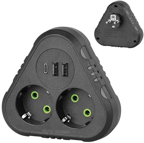 Doppelstecker für Steckdose, FACAIO Mehrfachsteckdose mit 1 Typ-C(PD 20W, Schneller Aufladen) und 2 USB, Erhöhter Berührungsschutz, Steckplätze 45 Grad Gedreht, für Zuhause Büro (Schwarz)