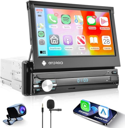 1G+32G Inalámbrico Carplay Android Radio de Coche 1 DIN con Android Auto Navi GPS WiFi 7 Pulgadas Pantalla Extensible Manual Radio Coche con Mirror Link Bluetooth FM/RDS Radio EQ SWC Cámara Trasera