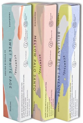 Nippon Kodo Scentsual Räucherstäbchen Set mit Halter - Lavendel, Weißer Salbei, Palo Santo -Zen-Garten der Entspannung für Meditation, Yoga