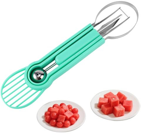 Cortador Frutas Sandia, Cortador plástico Acero Inoxidable Juego Cucharas Hacer Bolitas Melón Práctico Utensilio Cocina para Preparar Jugos Frutas Presentaciones Creativas (Verde)