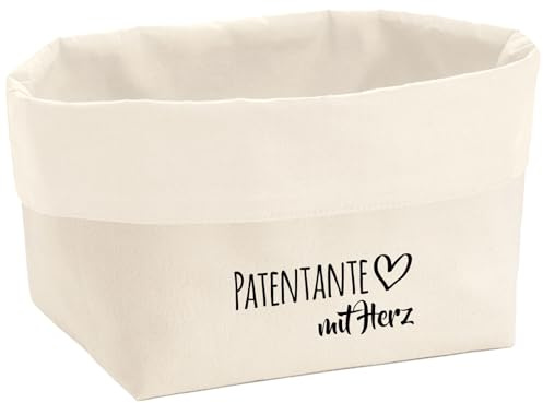 Huuraa Organizer Patentante mit Herz Geschenk | 8 Liter Körbchen Beige Large Canvas Baumwolle Utensilo Dekoration Badkörbchen Stoff Aufbewahrungskorb