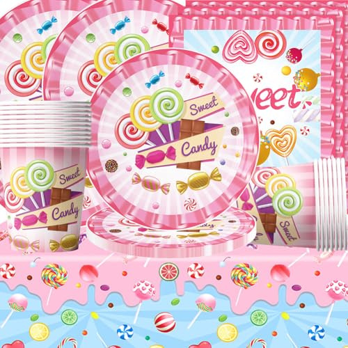 Donut Bonbons Geburtstag Deko,Doyomtoy Mädchen Partygeschirr Set Geburtstag Party Set Geburtstagsteller Tassen Servietten Geburtstags für Kinder Party 20 Gäste