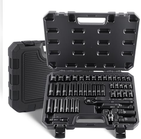 Pamatio 3/8 Drive Impact Socket Set, 47-Piece Deep Impact Socket, Standard SAE (5/16 to 3/4 inch) & Metric (6-22mm) Size, 6 Point, Cr-V Steel, 72 Tooth Ratchet Handle, Extension Bar, Universal Joint
