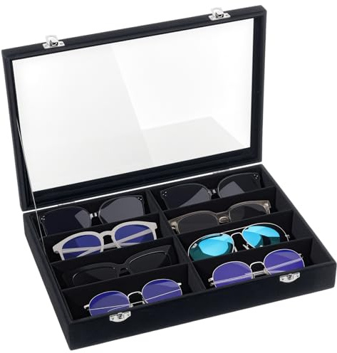 Emibele Scatola per Occhiali con Coperchio 8 Scomparti in Velluto, Espositore per Occhieli da Sole Contenitore Organizzatore Vassoio Portagioie con 8 Griglie e Divisori Interni Staccabili, Nero
