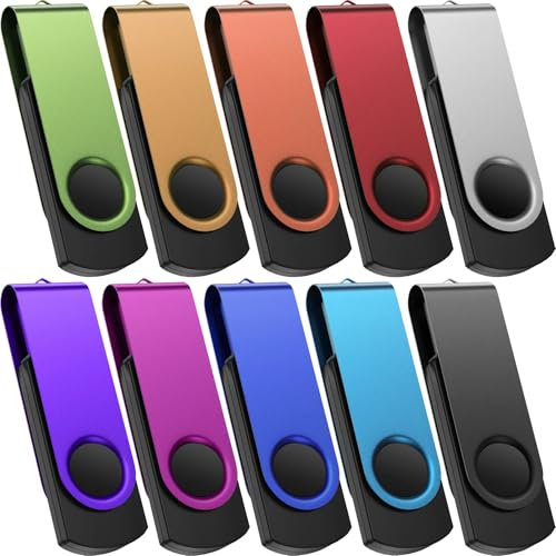 Kepmem 4GB USB flash drive, multicolor, portable metal key ring USB 2.0 rotating flash drive, pen-style flash drive, multipiece set for data storage and transfer.Includes 10 different coloured cords