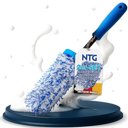 NTG Mikrofaser Felgenbürste 1 Stück - wechselbarer Bürstenbezug Werkstatt | Schonende Felgenreinigung bis ins Felgenbett - ideal für Alu- und Stahlfelgen - inkl. Waschhandschuh im Set