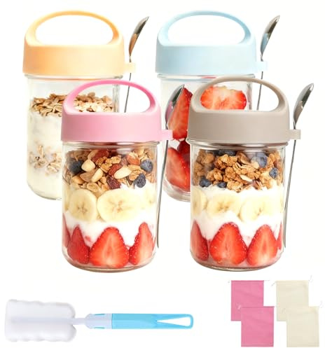 DIYJEP 4 Stück Overnight Oats Gläser, 410ML Meal Prep Gläser Mit Löffel | Einmachglaser mit Schraubdeckel, 14 Oz/410ml Auslaufsichere Joghurtbecher Vorratsdosen für Joghurt, Müsli, Salat, Marmelade