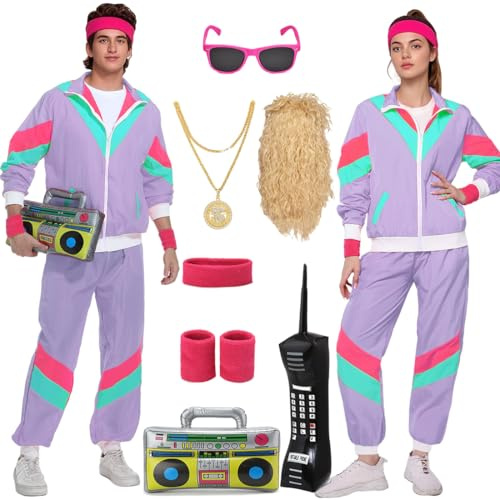 Velmawig 80er 90er Jahre Outfit Herren Damen Kostüm Jogginganzug Trainingsanzug Jacke und Hose Retro Anzug mit Accessoires Radio Sonnenbrille Halskette Schweißband für Karneval Fasching Mottoparty