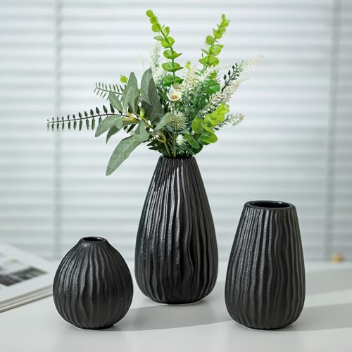 NUPTIO Black Pampas Grass Vase: Decorative Modern Ribbed Flower Vases for Living Room Shelf Kitchen Window - 20cm+16cm+11cm Small Boho Centrepiece for Table Decor Set of 3