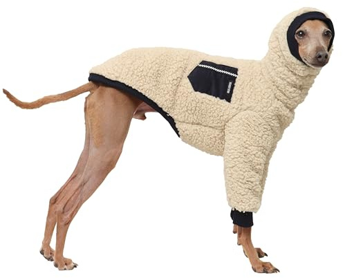 D Doggy Star Winter-T-Shirt mit Ohrenschutz für Italienische Windhunde, Sherpa-Fleece, warmes Outfit für Hunde (Größe M, Marineblau, mit Tasche)